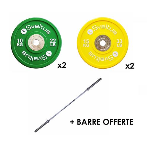 Paires de disques 10 et 15 kg + barre olympique offerte